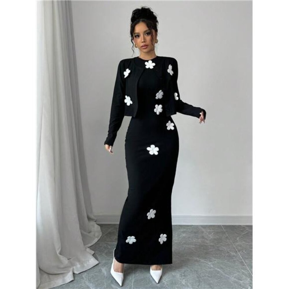 NEW -  Elegant Black Lady Style Jacket & Dress Set With Floral Decor 3D